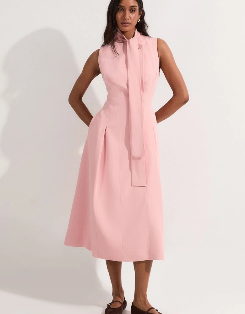 Compact Stretch Viscose Tie Neck Tailored Full Skirted Midi Dress