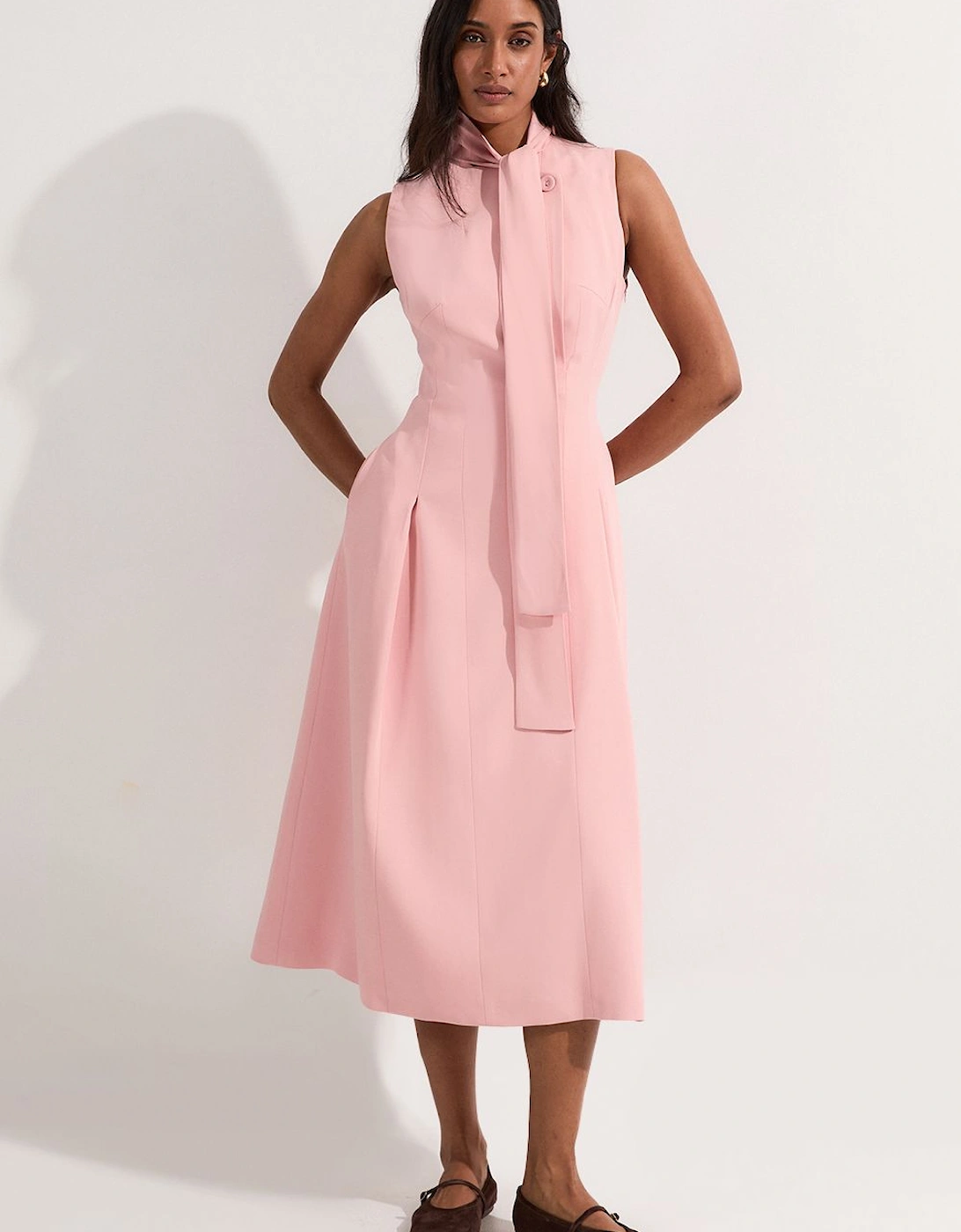Compact Stretch Viscose Tie Neck Tailored Full Skirted Midi Dress, 2 of 1
