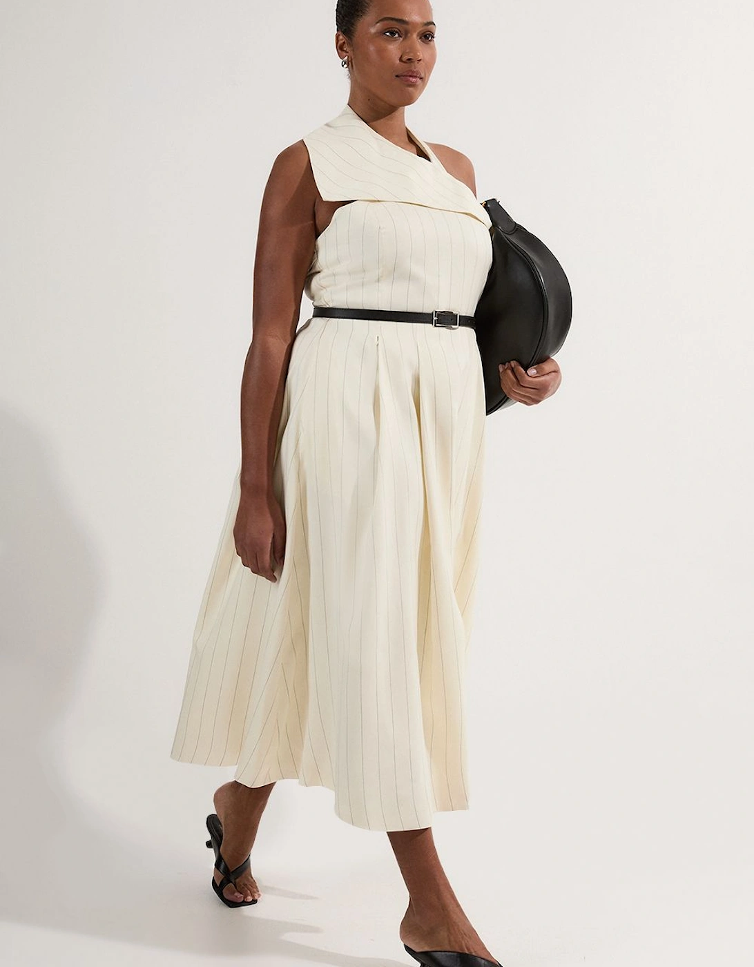 Plus Size Premium Linen Viscose Pinstripe Halter Neck Belted Full Skirted Midi Dress, 2 of 1