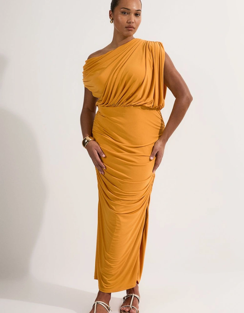 Plus Size Jersey Crepe Asymmetric Neckline Maxi Dress
