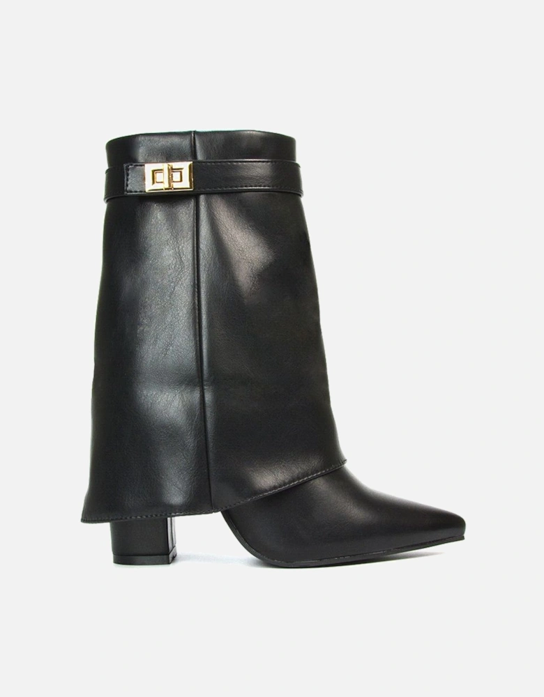 'Maggie' Pointed Toe Overlap Ankle Calf Boots With Block Heel
