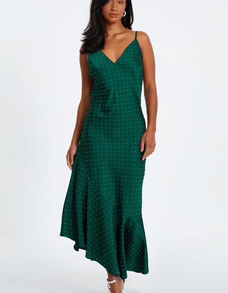 Green Petite Satin Asymmetric Midaxi Dress
