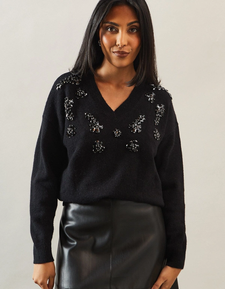 Petite Floral Embellished V Neck Jumper