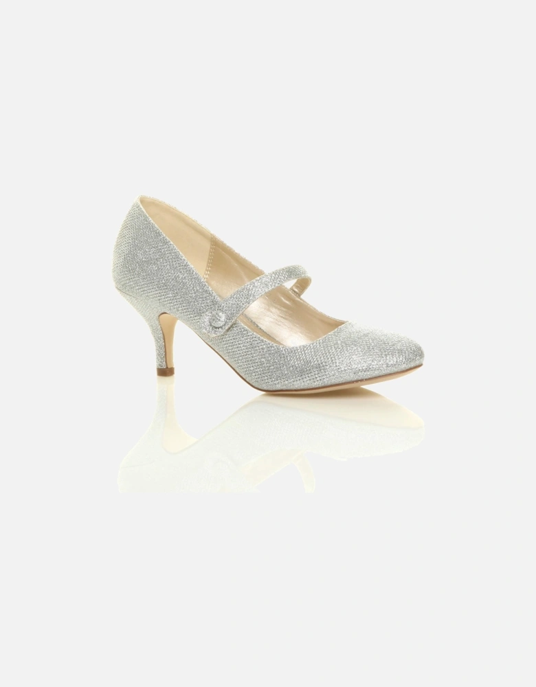 Mid Kitten Heel Mary Jane Glitter Mesh Court Shoes