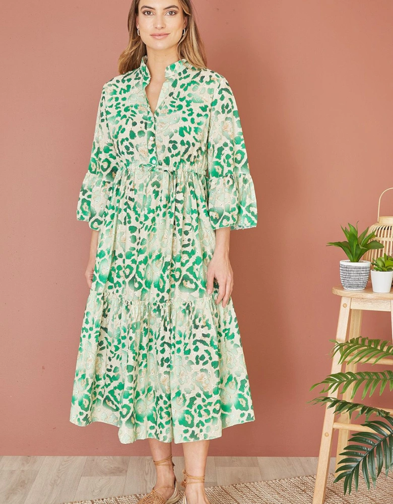 Green Animal Print Broderie Anglaise Cotton Midi Shirt Dress