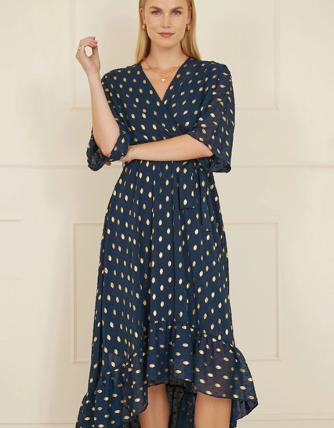 Navy Foil Print Wrap Over Dip Hem Midi Dress, 2 of 1
