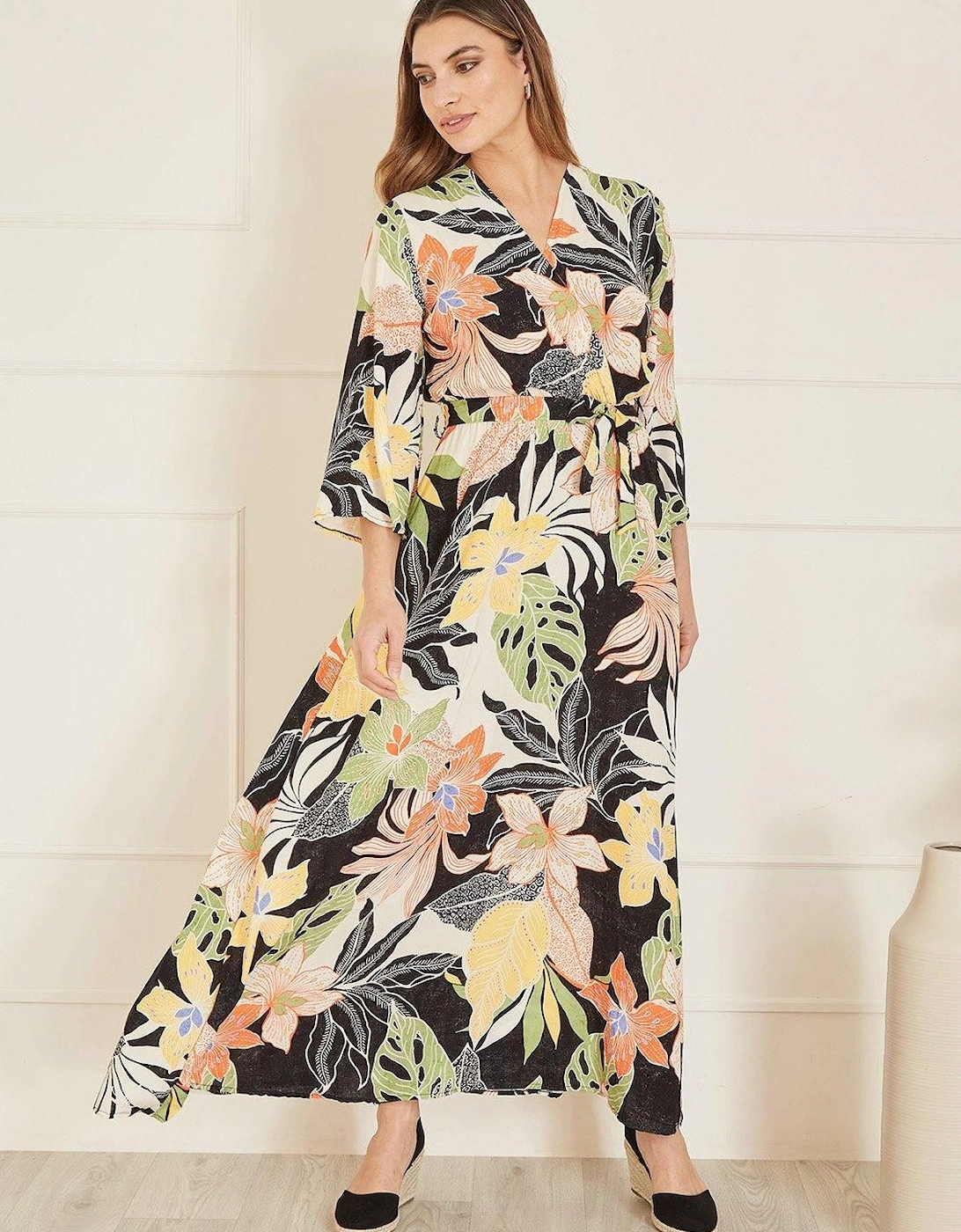 Black Tropical Print Wrap Midi Dress, 2 of 1