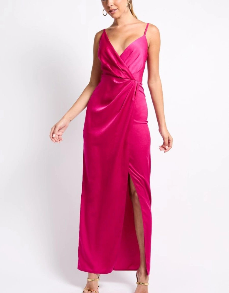 iSKA Pink Satin Mock Wrap Maxi Dress