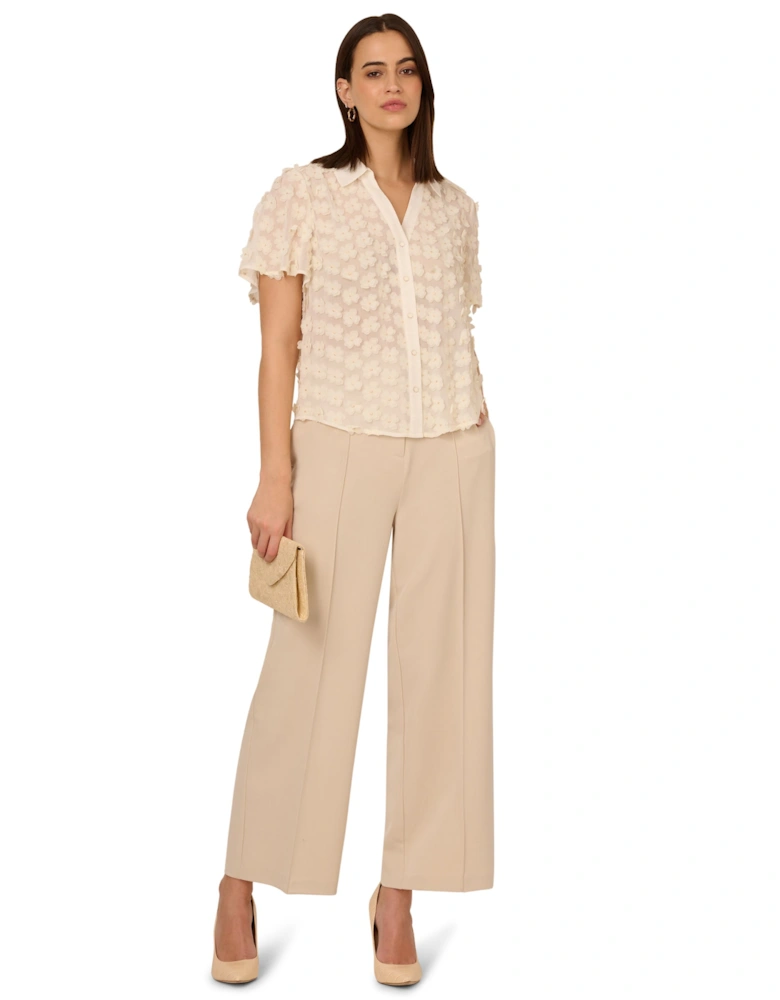 Button Up Allover 3D Flower Blouse With Flutter Sleeves