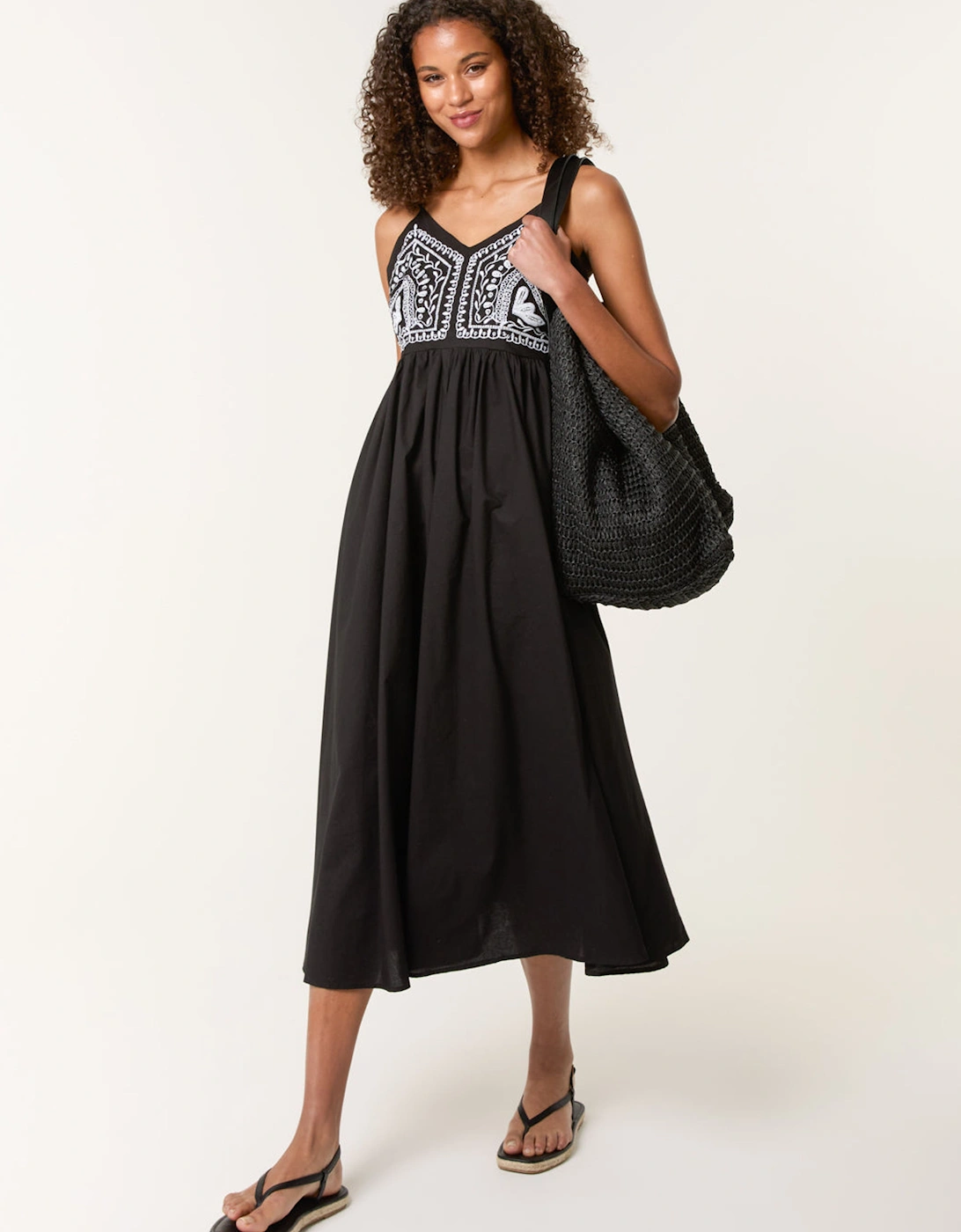 Black Embroidered Yoke Strappy Dress, 2 of 1