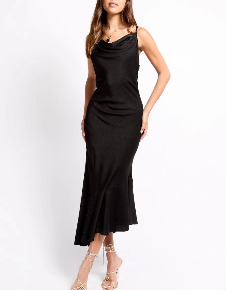 iSKA Black Satin Asymmetric Hem Midaxi Dress