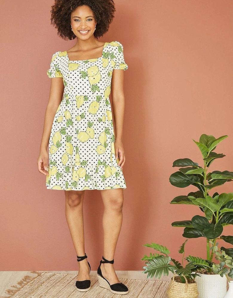 White Viscose Lemon Print Skater Dress With Balloon Sleeves