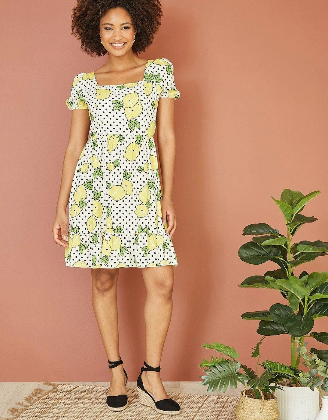 White Viscose Lemon Print Skater Dress With Balloon Sleeves, 2 of 1