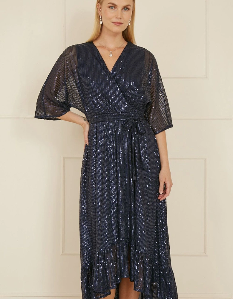 Navy Sequin Kimono Midi Wrap Dress