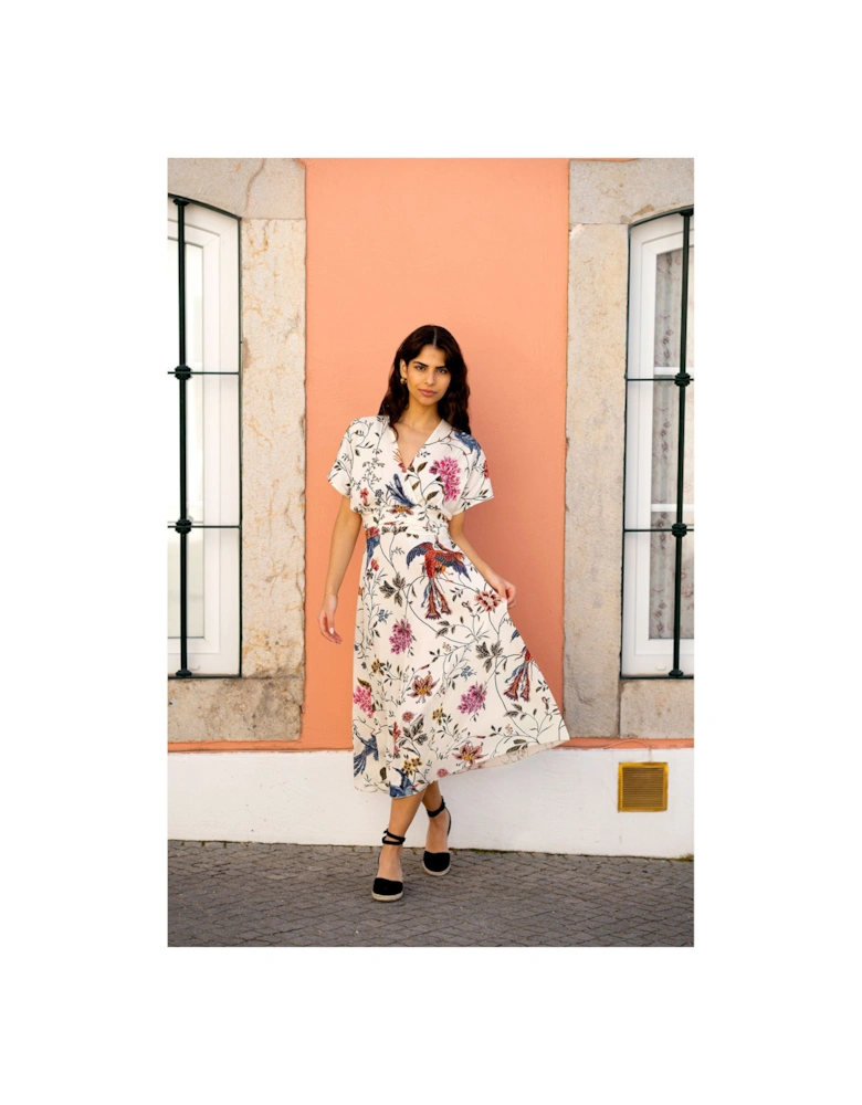 Ivory Bird and Floral Print Ruched Waist Kimono Midi Dress