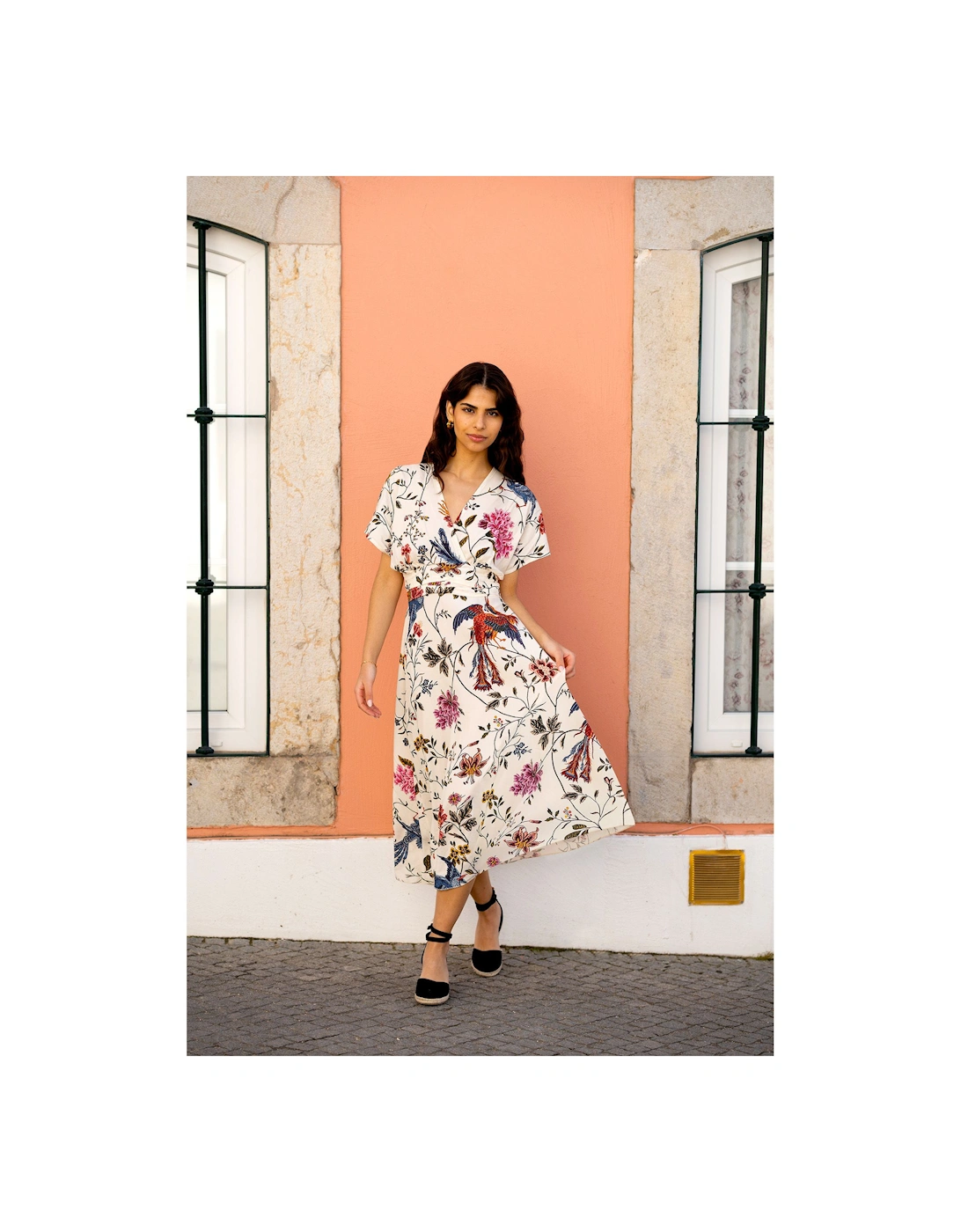 Ivory Bird and Floral Print Ruched Waist Kimono Midi Dress, 2 of 1