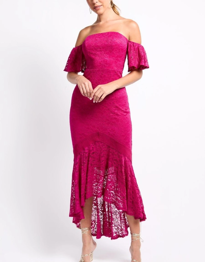 iSKA Pink Lace Fishtail Hem Maxi Dress