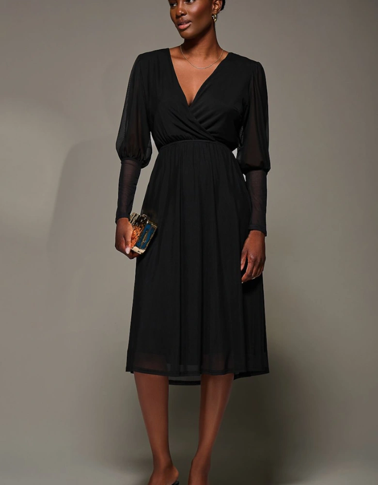 Mesh Long Puff Sleeve Wrap Midi Dress