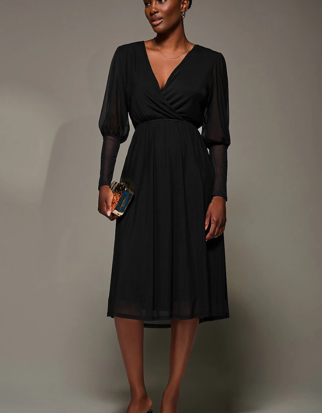 Mesh Long Puff Sleeve Wrap Midi Dress, 2 of 1