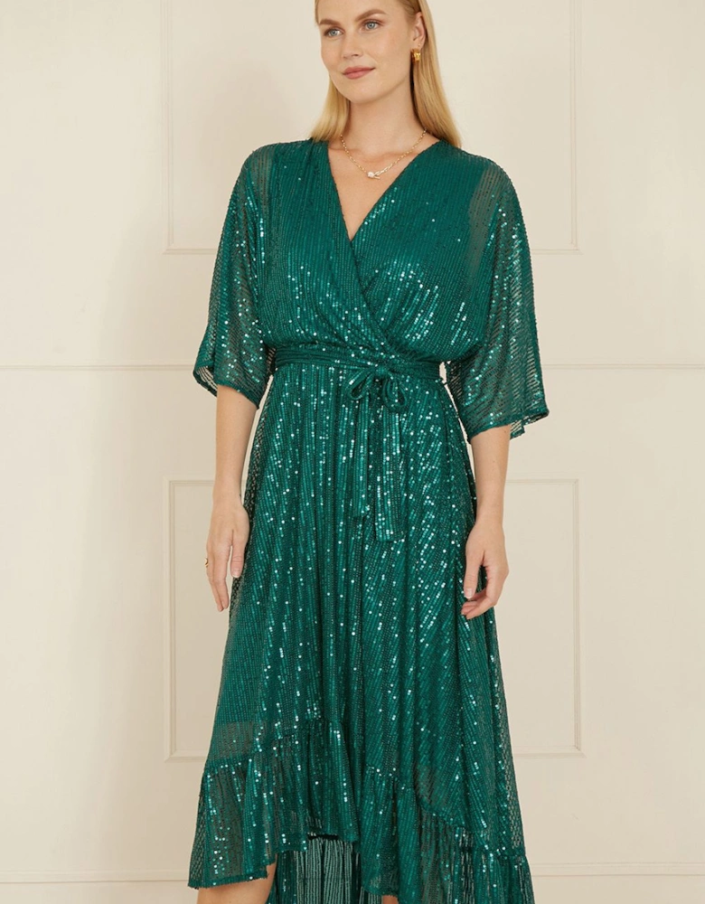Green Sequin Kimono Midi Wrap Dress