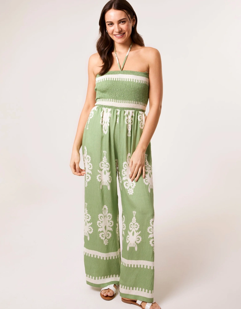 Green Strapless Shirred Waist Jumpsuit