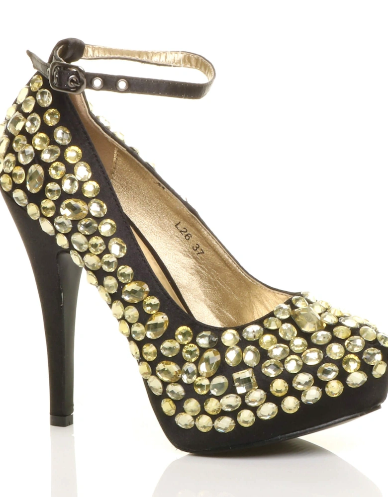 High  Heel Ankle Strap Gem  Court Shoes