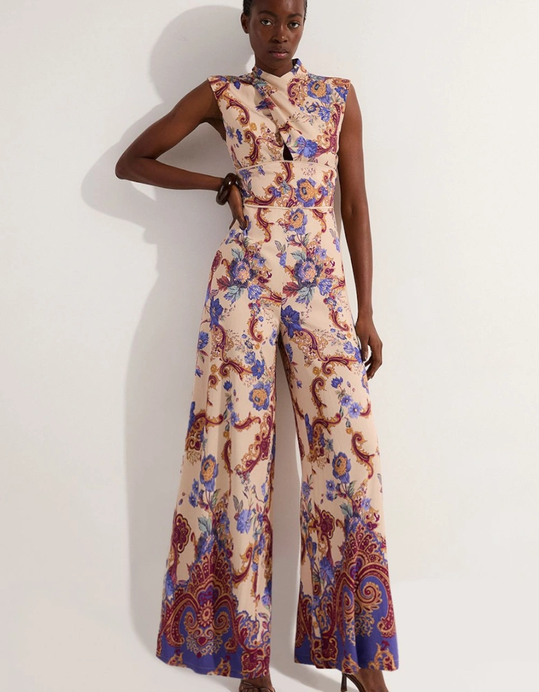 Petite Premium Viscose Linen Paisley Border Print Woven Jumpsuit