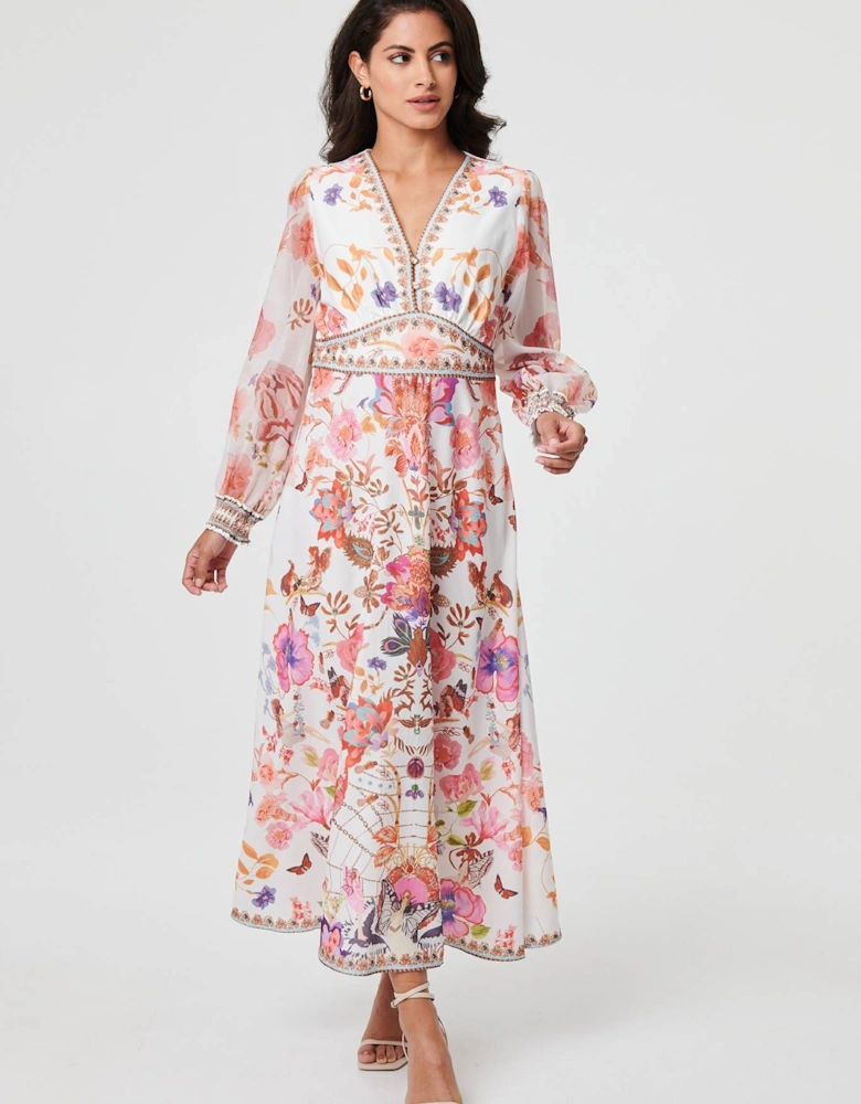 Floral Sheer Sleeve Empire Maxi Dress