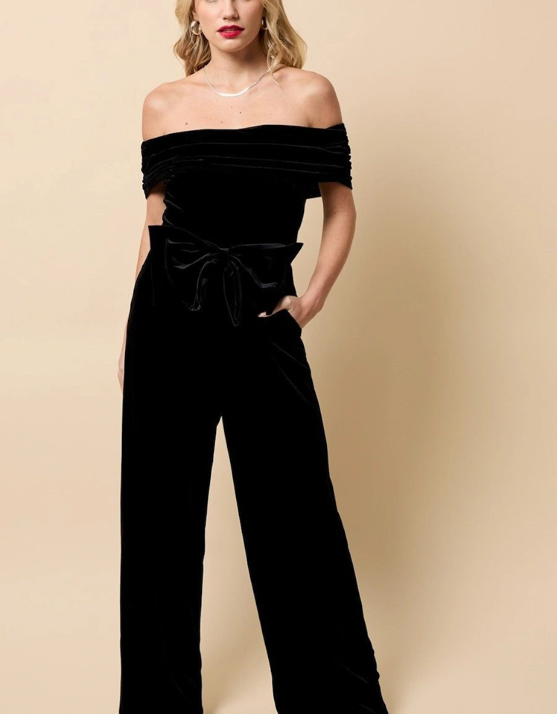 Black Velvet Bow Detail Bardot Jumpsuit, 2 of 1