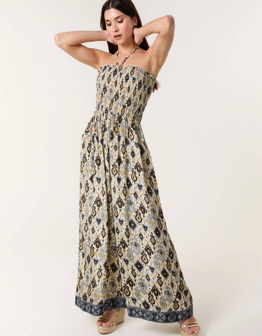 Multi Printed Bandeau Tie Neck Shirred Jumpsuit, 2 of 1