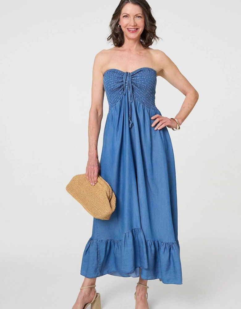 Strapless Shirred Frill Hem Maxi Dress