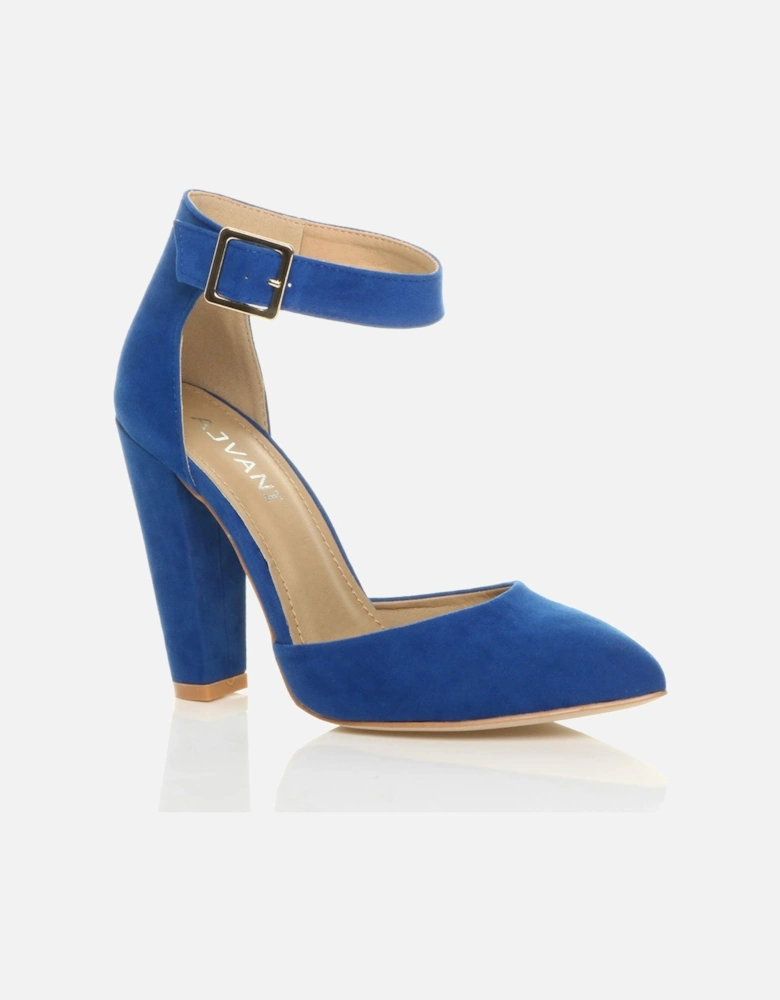 High Block Heel Ankle Strap Pointed Toe Faux Suede 2 Part Heels