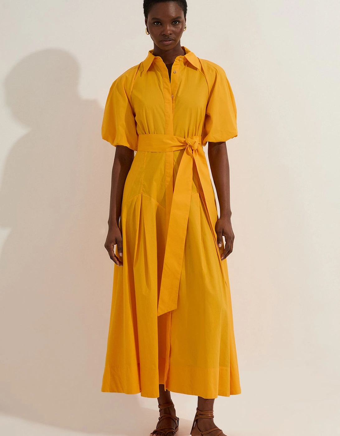 Petite Cotton Puff Sleeve Woven Midi Shirt Dress With Dropped Waist Detail, 2 of 1