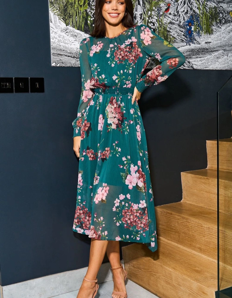 Green Floral Print Long Sleeve Dress