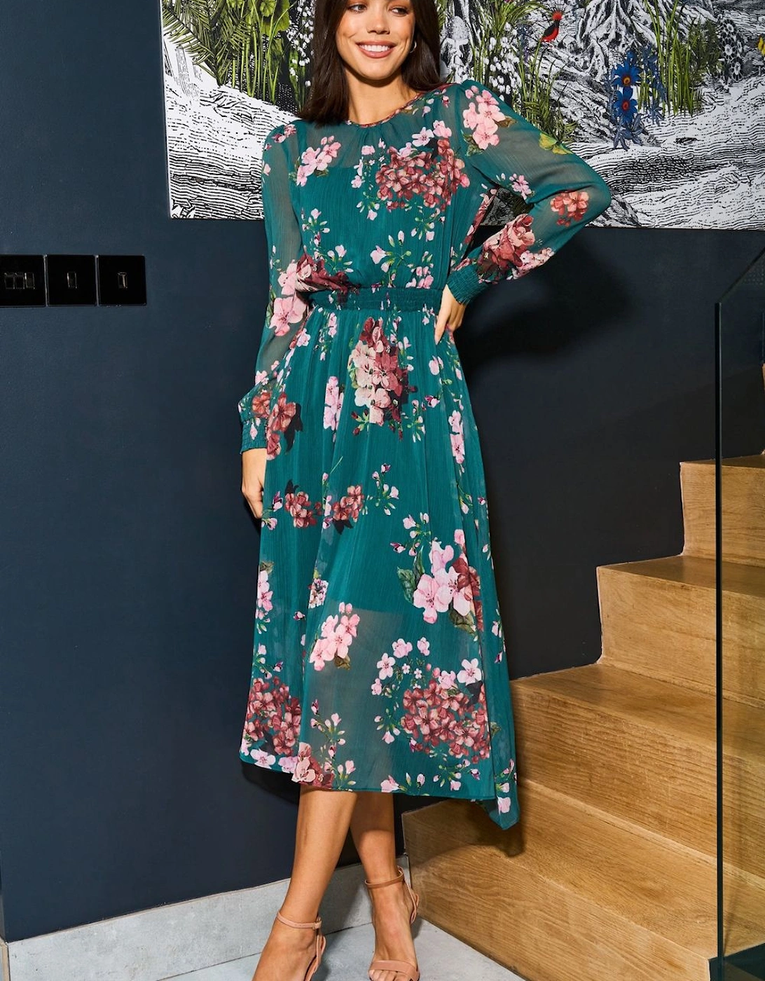 Green Floral Print Long Sleeve Dress, 2 of 1