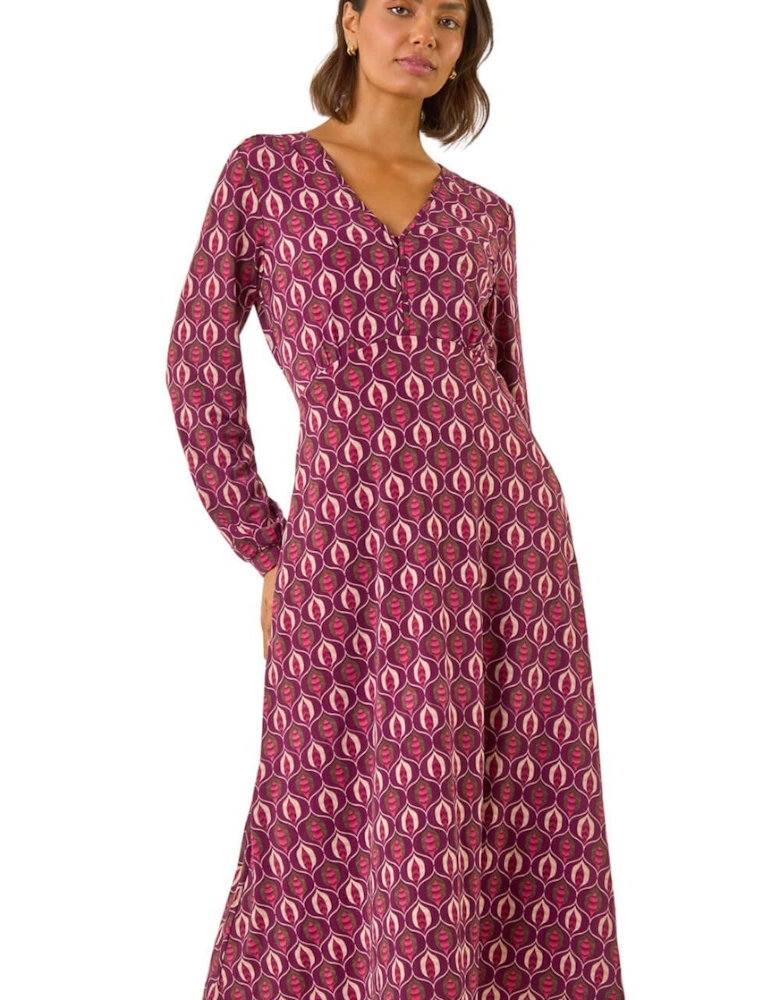 Geo Print V-Neck Stretch Midi Dress