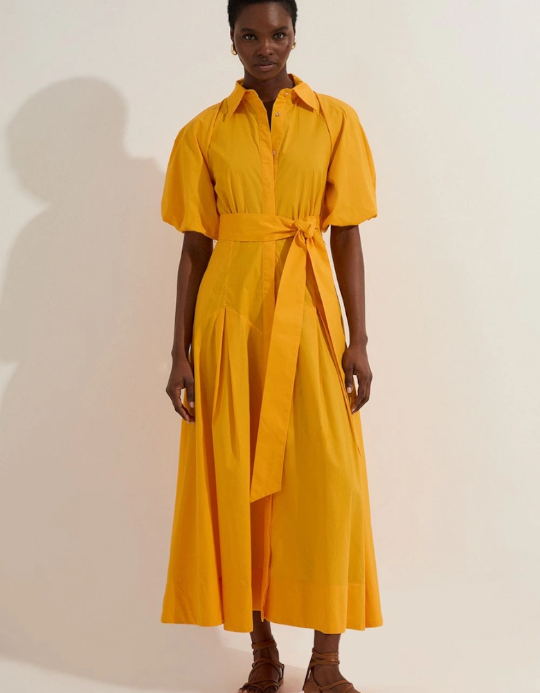 Cotton Puff Sleeve Woven Midi Shirt Dress With Dropped Waist Detail