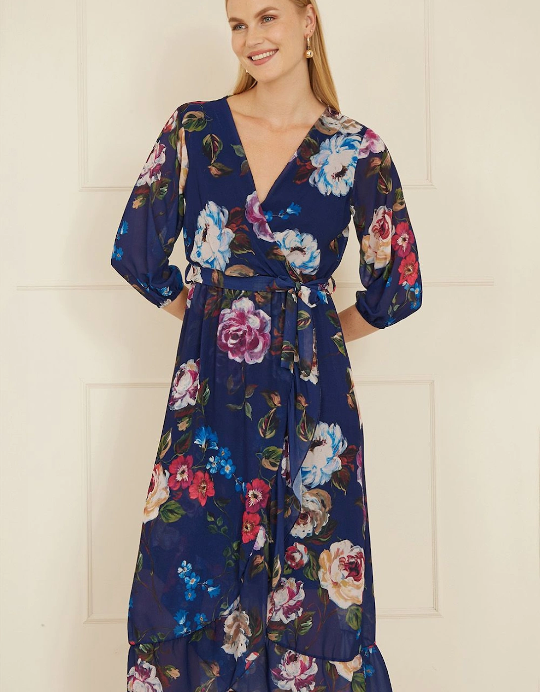 Navy Watercolour Dip Hem Midi Wrap Dress, 2 of 1