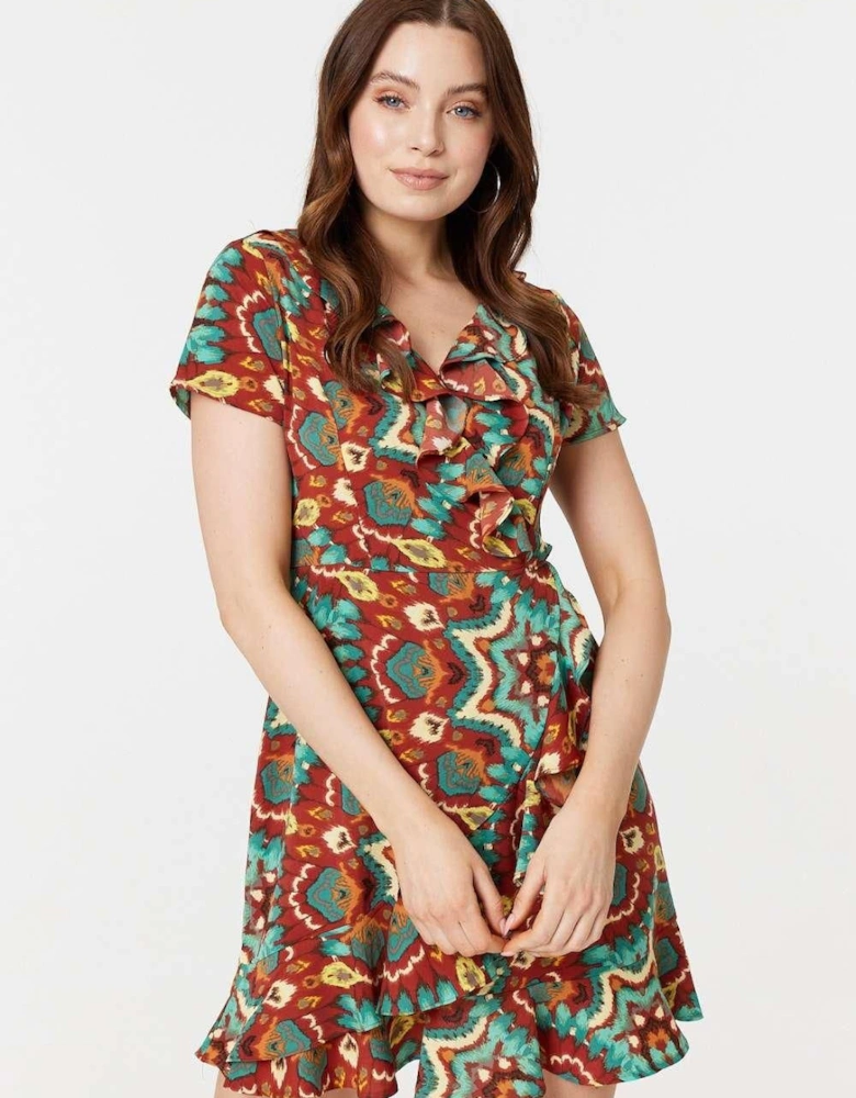 Printed Ruffle Front Wrap Dress