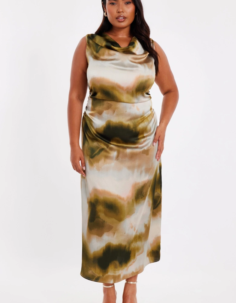 Khaki Curve Printed Satin Midaxi Dress