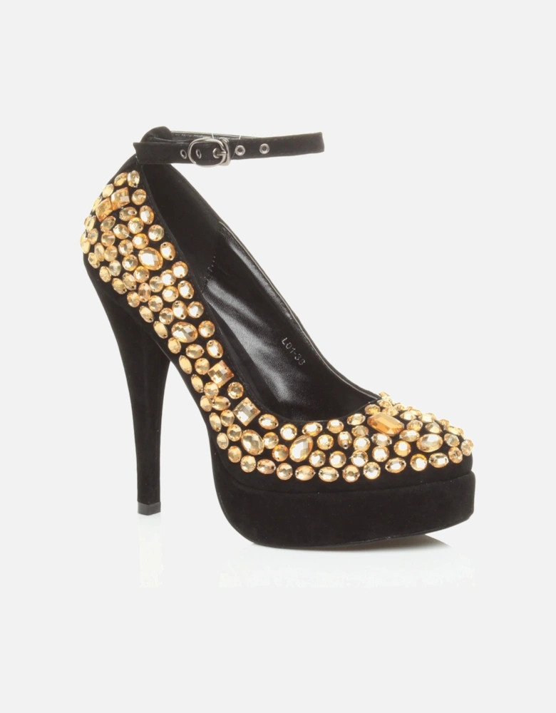 High  Heel Ankle Strap Gem  Court Shoes