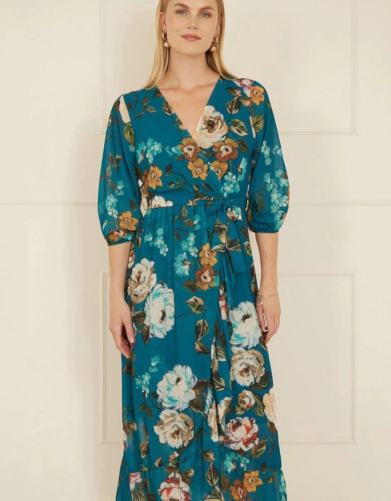 Teal Watercolour Dip Hem Midi Wrap Dress