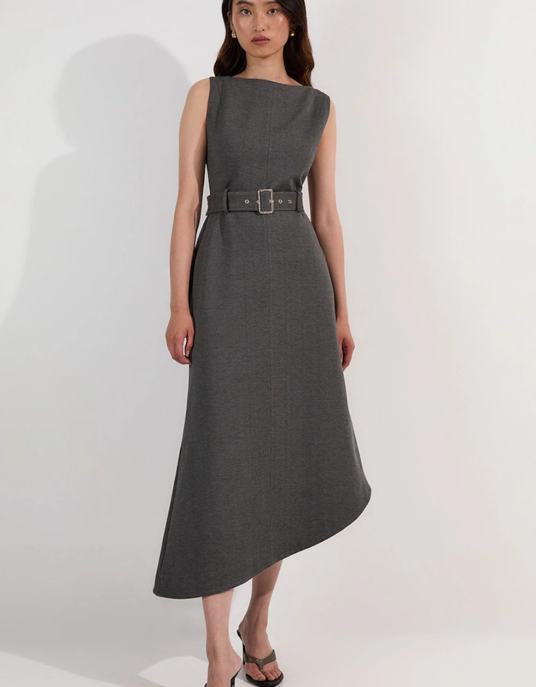 Asymmetric Hem Belted Ponte Dress