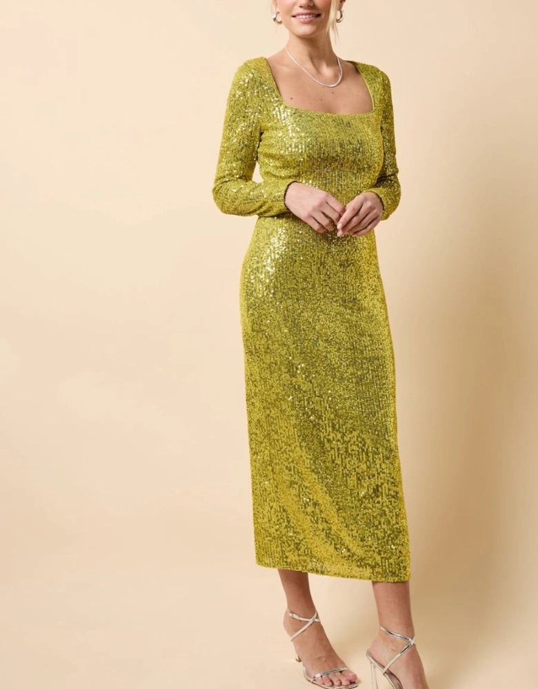 Lime Sequin Square Neck Midaxi Dress