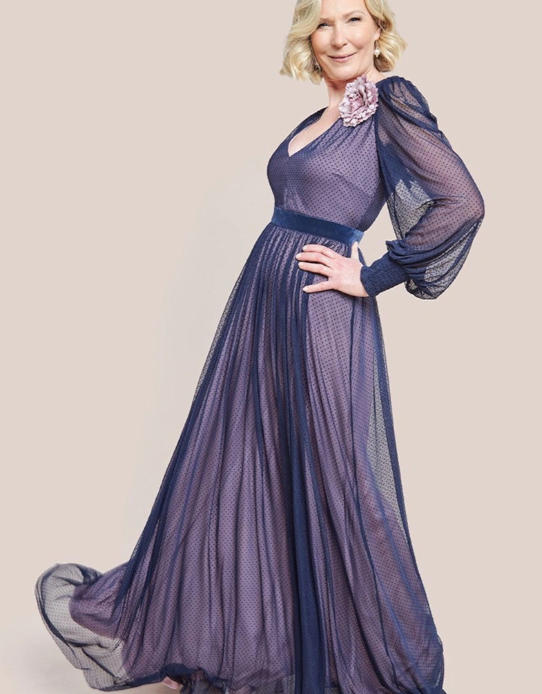 Corsage V Neck Dobby Mesh Maxi Dress