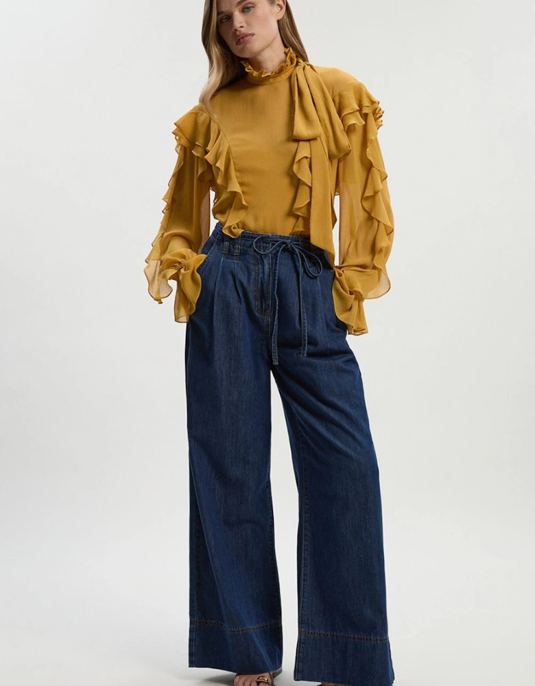 Petite Denim Tie Waist Wide Leg Tailored Trouser
