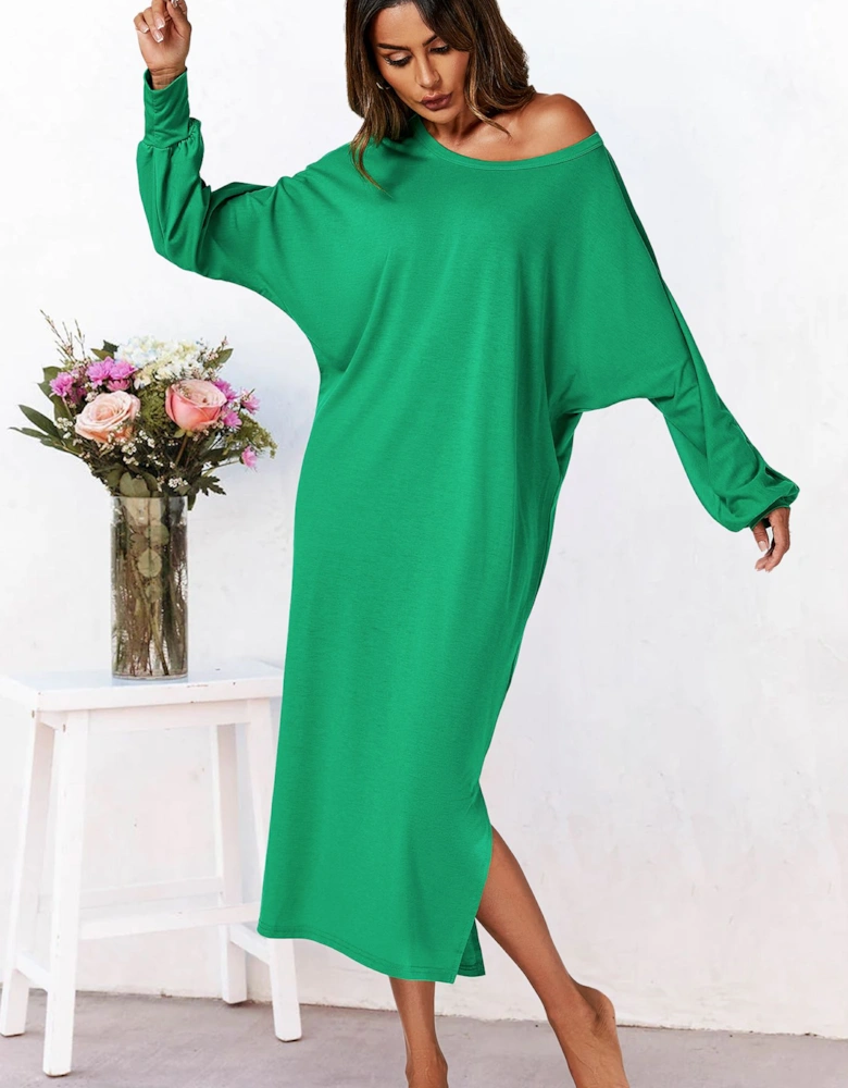 Long Sleeves Scoop Neckline Slit Hem Midi Dress In Green