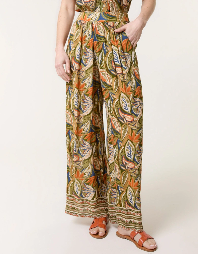 Green Border Print Straight Leg Trousers