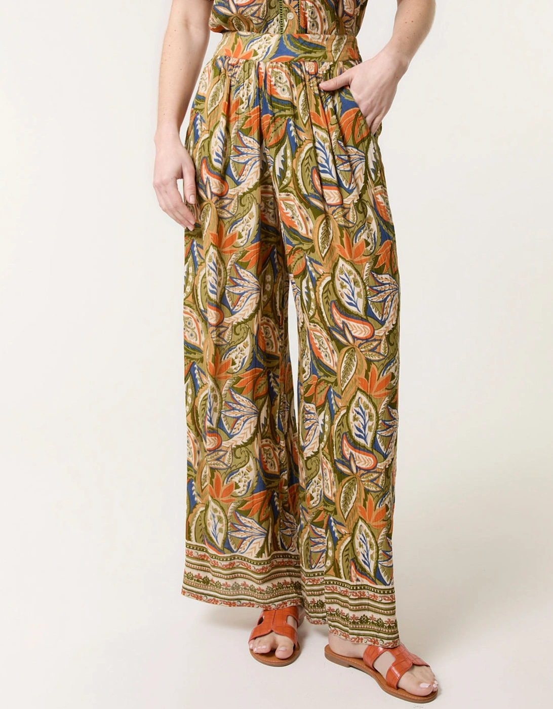 Green Border Print Straight Leg Trousers, 2 of 1