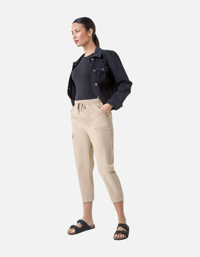 Cotton Elastic Waist Cropped Cargo Trousers